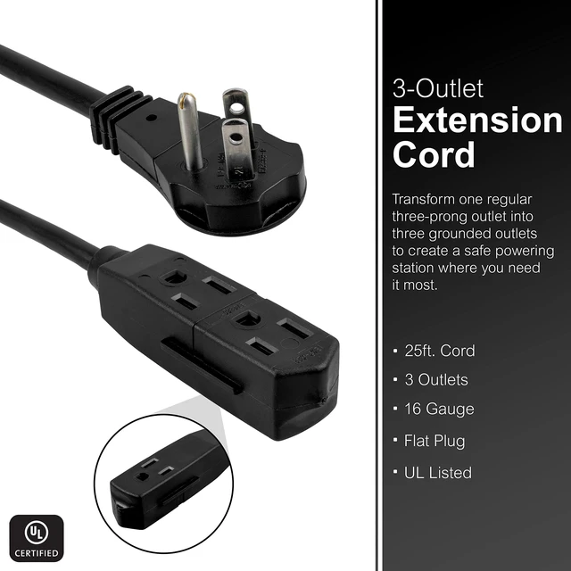 Alt view image 2 of 5 - 3-Outlet Flat Extension Cord 25 Ft Grounded Extension Cord with Multiple Outlets 3 Prong Outlet Extender Flat Plug Power Strip Indoor Extension Cord 16 Gau UL Listed Black 69921
