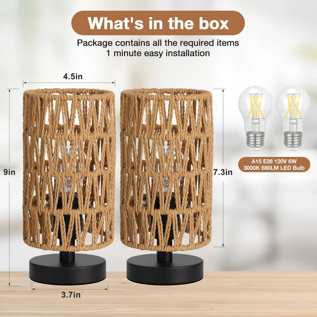 Alt view image 2 of 7 - Table Lamps Set of 2 (Rattan Rope Shade - Black Base, 9" Inline Control) Two 3000K LED Blub Included 680 Lumens Easy Assembly Minimalist Design E26 for Kitchen for Kids Room