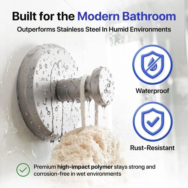 Main image of Suction Cup Hooks for Shower & Bathroom Towel 2-Pack Brushed Nickel Waterproof Rustproof Organizer Hook Hanging Loofah Robe Coat Bath Accessories on Tile Glass Door Mirror + Optional 3M Disc