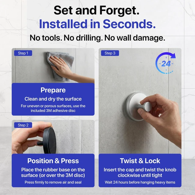 Alt view image 3 of 4 - Suction Cup Hooks for Shower & Bathroom Towel 2-Pack Brushed Nickel Waterproof Rustproof Organizer Hook Hanging Loofah Robe Coat Bath Accessories on Tile Glass Door Mirror + Optional 3M Disc