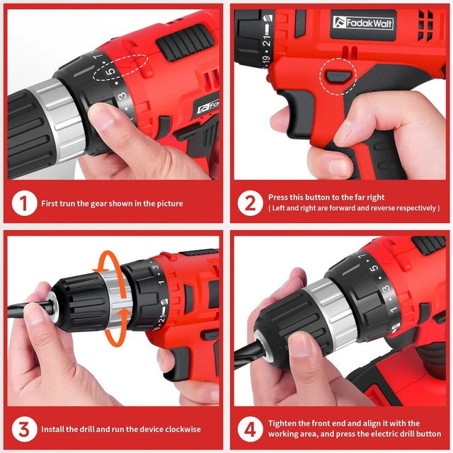 Alt view image 5 of 7 - Cordless Drill Set, 20V Electric Power Drill With Battery And Charger, 30N Torque, 21+1 Settings, 3/8-Inch Keyless Chuck, Driver Bits Kit, LED Light (Red