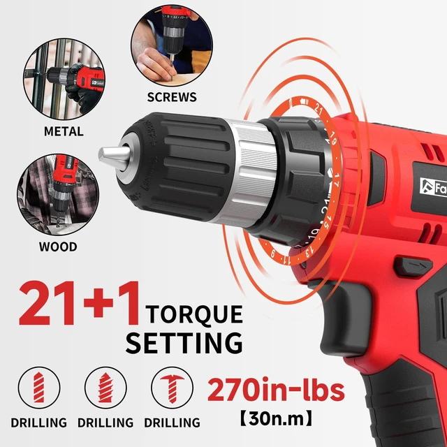 Alt view image 4 of 7 - Cordless Drill Set, 20V Electric Power Drill With Battery And Charger, 30N Torque, 21+1 Settings, 3/8-Inch Keyless Chuck, Driver Bits Kit, LED Light (Red