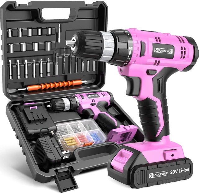 Main image of Cordless Drill Set, 20V Electric Power Drill With Battery And Charger, 30N Torque, 21+1 Settings, 3/8-Inch Keyless Chuck, Driver Bits Kit, LED Light (Pink