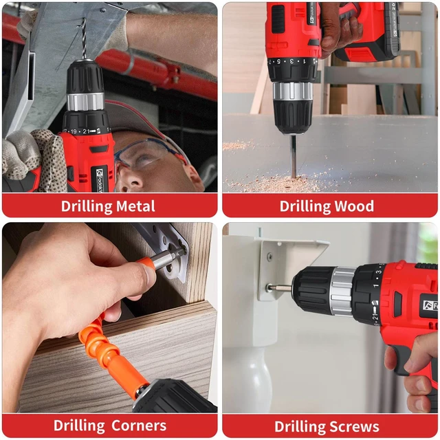Alt view image 6 of 7 - Cordless Drill Set, 20V Electric Power Drill With Battery And Charger, 30N Torque, 21+1 Settings, 3/8-Inch Keyless Chuck, Driver Bits Kit, LED Light (Red