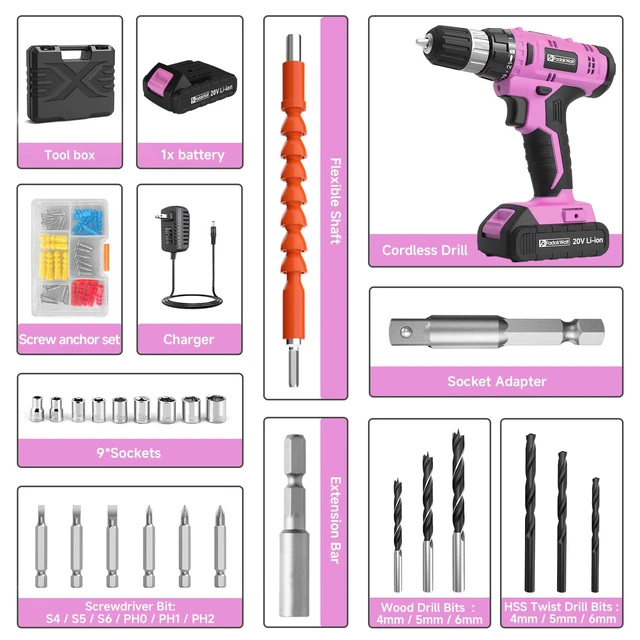 Alt view image 2 of 7 - Cordless Drill Set, 20V Electric Power Drill With Battery And Charger, 30N Torque, 21+1 Settings, 3/8-Inch Keyless Chuck, Driver Bits Kit, LED Light (Pink