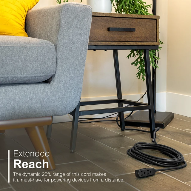 Alt view image 3 of 5 - 3-Outlet Flat Extension Cord 25 Ft Grounded Extension Cord with Multiple Outlets 3 Prong Outlet Extender Flat Plug Power Strip Indoor Extension Cord 16 Gau UL Listed Black 69921