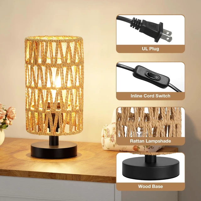 Alt view image 2 of 7 - Table Lamps (Rattan Rope Shade - Black Base, 9" Inline Control) 3000K LED Blub Included 680 Lumens Easy Assembly Minimalist Design E26 for Kitchen for Kids Room