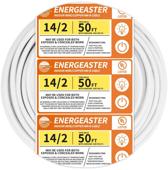 Main image of Solid Indoor 14/2 W/G NMB Cable 50ft, Electrical Wire, White 50FT NMB Cable 14 Gauge Wire 2 Conductors 600V Bare Copper Non-Metallic Sheathed Solid Indoor Residential Wire, UL Listed
