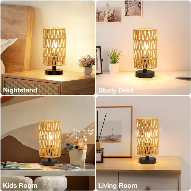 Alt view image 7 of 7 - Table Lamps (Rattan Rope Shade - Black Base, 9" Inline Control) 3000K LED Blub Included 680 Lumens Easy Assembly Minimalist Design E26 for Kitchen for Kids Room
