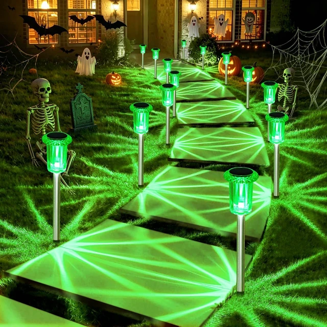 Main image of Solar Halloween Lights Outdoor Waterproof 10 Pack Halloween Decor Stake Lights for Yard Pathway Garden Walkway Driveway Patio Lawn, Auto On/Off Green LED Halloween Decorations Outdoor