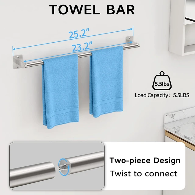 Alt view image 3 of 7 - 8-Piece Brushed Nickel Bathroom Hardware Set, 24 inch Towel Bar Towel Racks for Bathroom Accessories Set, Robe Towel Hooks, Toilet Paper Holder Wall Mounted