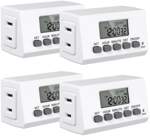 Main image of Indoor 24H Programmable Digital Timer Outlet, Slim 1 Outlet, 4 Pack 2 Daily Programs; 125V/15A/1875W; Backup Battery; Side Outlet; For Lamps, Aquarium, Reptile Tanks, Holiday Decor; ETL Listed