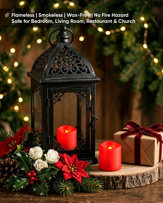 Main image of 24 Pack Red Flameless Flickering LED Votive Tealights Candles Battery operated, 200+ hours runtime, warm white glow, 1.5"D x 1.6"H, for wedding, party, halloween & christmas decor