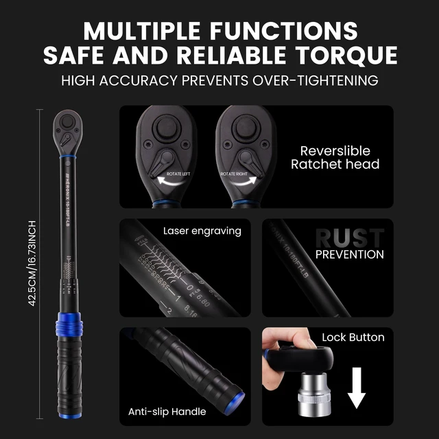 Alt view image 3 of 4 - 1/2 Inch Drive Click Torque Wrench, 10180 Ft.Lb/13.6244.0 Nm ±3% Accuracy, 72-Tooth Dual-Direction Ratchet, Adjustable Newton Meter Torque Wrenches for Motorcycle,Car & Bicycle Repair
