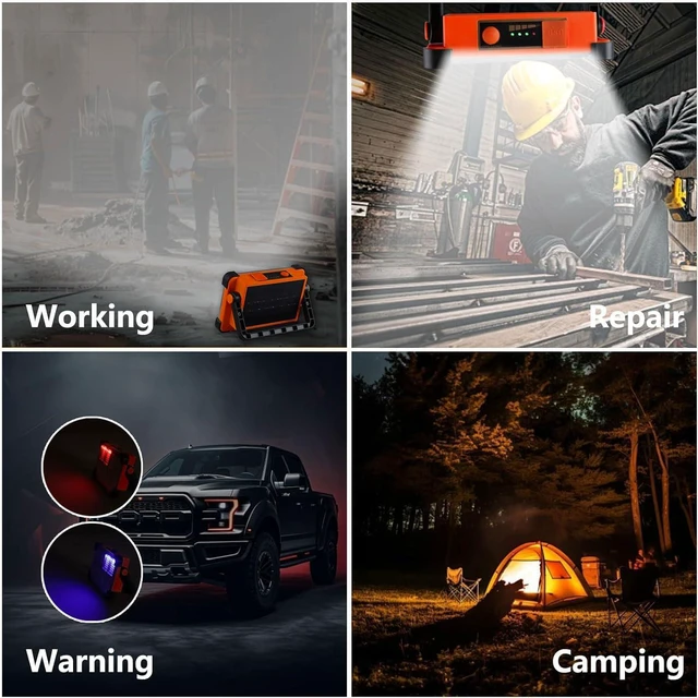 Main image of 120W Solar Rechargeable Work Light, 144 LED 10000LM, Orange Battery Indicator, 4 Modes, SOS Strobe, Camping Lantern Lamp, USB-C, Portable, IP65, for Job Site, Mechanic, Emergency