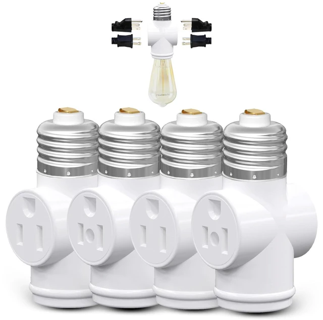 Main image of 4 Pack, Light Socket to Plug Adapter, Convert E26 Light Socket to 3-Prong Outlet Adapter and Light Bulb Socket (White)