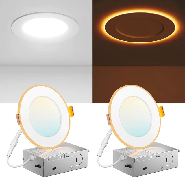 Main image of 2 Pack 4 Inch LED Recessed Light with Night Light, 5CCT, 700LM Ultra-Thin Ceiling Light, 5%-100% Dimmable, No Flicker, 2700K-5000K, Canless Wafer Downlight with J-Box, 10W=90W, IC/ETL/FCC
