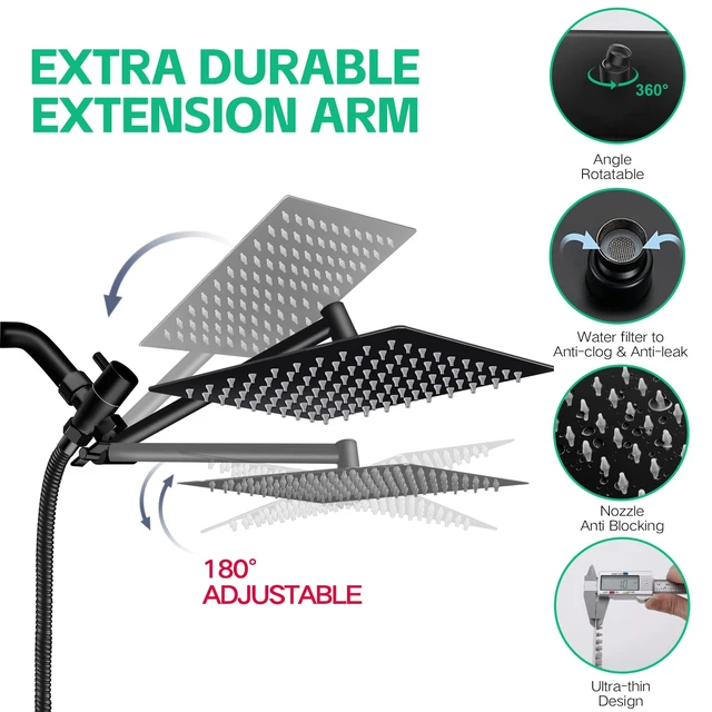 Alt view image 3 of 7 - Shower Head,10" High Pressure Rainfall Shower Head with Handheld Dual Spray Anti-leak Shower Head with 11'' Extension Arm, 3 Modes Flow Regulator & 360° Adjustable Shower, Holder, Hose, Height, Chrome