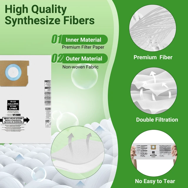 Alt view image 3 of 7 - 15-22 Gallon Vacuum Bag Replacement for 90663 Shop Vac Bags 5 Pack Vacuum Bags Replacement for Type G 90663 9066300 Type J 90673 9067300 and VF2008, High-Efficiency Vaccum Filter bags
