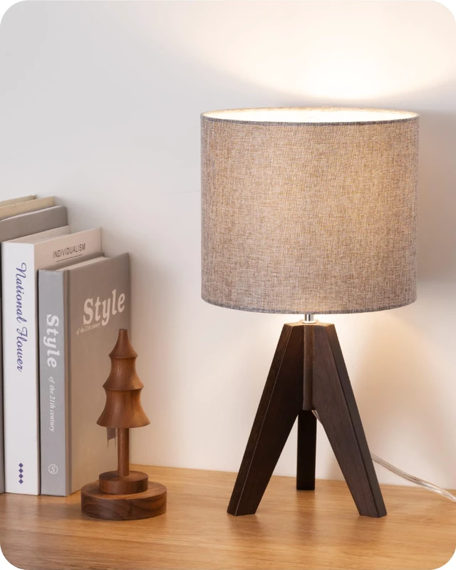 Main image of Boho Small Table Lamp, Wood Lamp, Grey Linen Lampshade,14.2 Inch Walnut Color Tripod Bedside Lamp, Farmhouse Nightstand Lamp for Nursery, Bedroom, Office, Kid Room, Living Room, E26 Socket