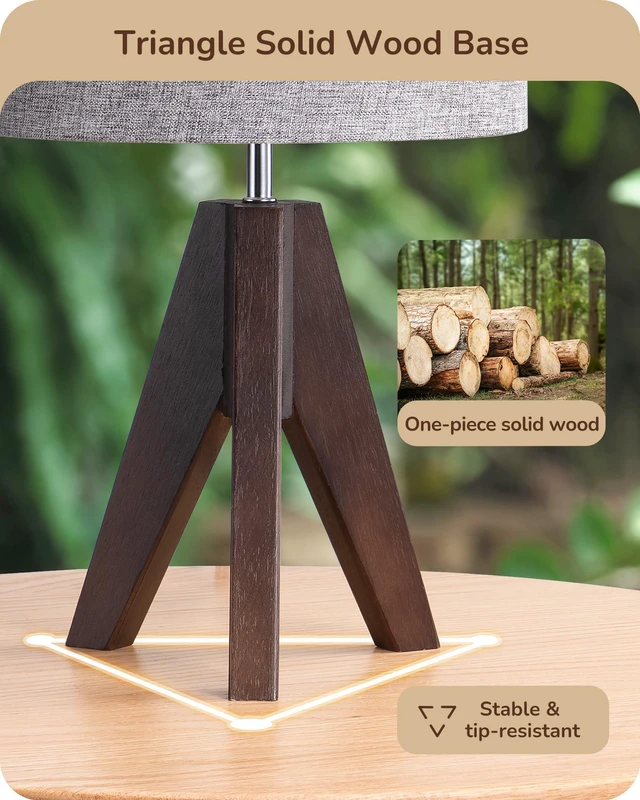 Alt view image 2 of 7 - Boho Small Table Lamp, Wood Lamp, Grey Linen Lampshade,14.2 Inch Walnut Color Tripod Bedside Lamp, Farmhouse Nightstand Lamp for Nursery, Bedroom, Office, Kid Room, Living Room, E26 Socket