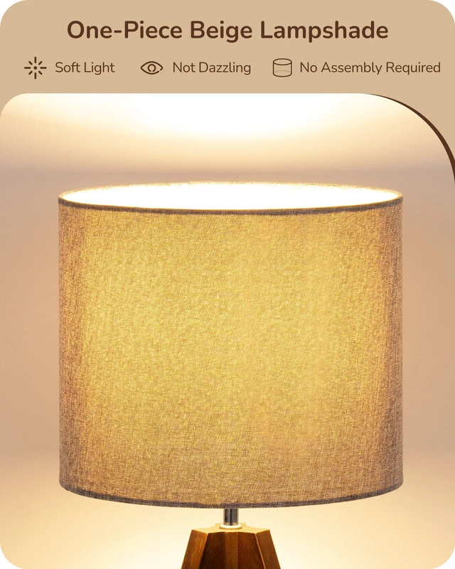 Alt view image 3 of 7 - Boho Small Table Lamp, Wood Lamp, Grey Linen Lampshade,14.2 Inch Walnut Color Tripod Bedside Lamp, Farmhouse Nightstand Lamp for Nursery, Bedroom, Office, Kid Room, Living Room, E26 Socket