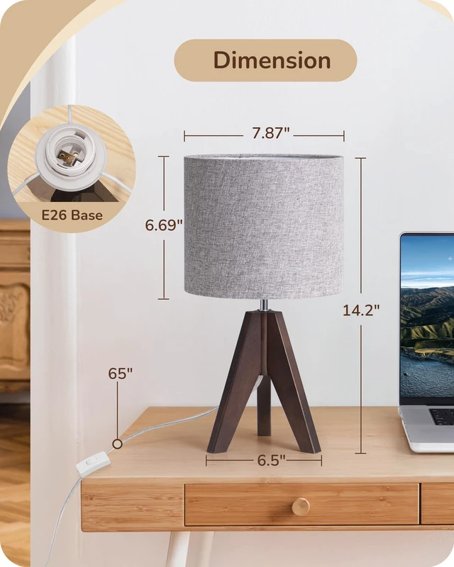 Alt view image 5 of 7 - Boho Small Table Lamp, Wood Lamp, Grey Linen Lampshade,14.2 Inch Walnut Color Tripod Bedside Lamp, Farmhouse Nightstand Lamp for Nursery, Bedroom, Office, Kid Room, Living Room, E26 Socket