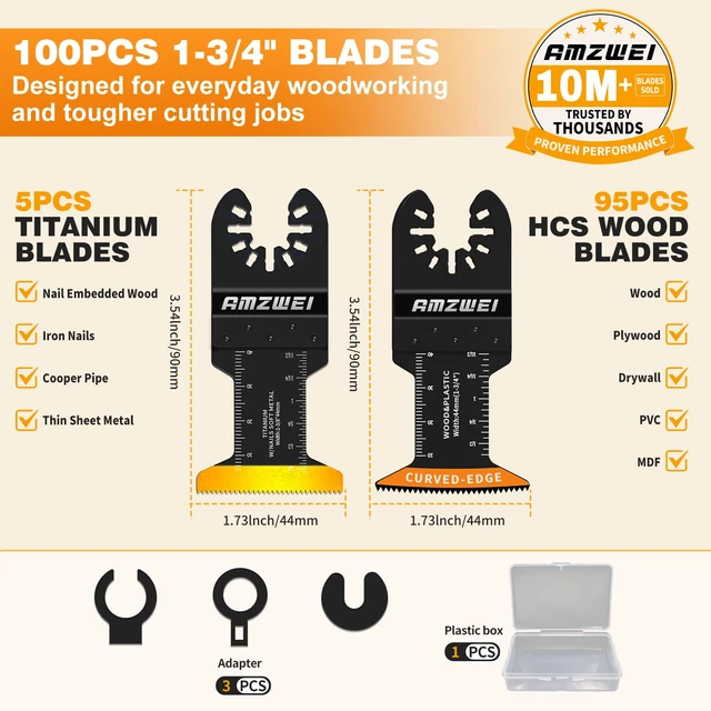 Alt view image 2 of 7 - 100PCS Oscillating Tool Blades, Titanium & HCS Oscillating Saw Blades for Metal/Wood/Plastic Cutting, Curved Edge Multi Tool Blades Compatible with Dewalt, Milwaukee, Dremel, Ryobi, Rockwell