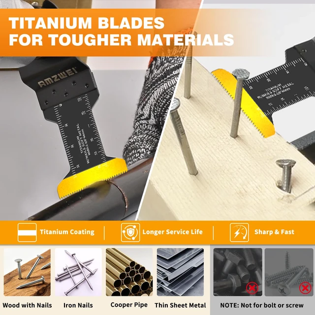 Alt view image 3 of 7 - 100PCS Oscillating Tool Blades, Titanium & HCS Oscillating Saw Blades for Metal/Wood/Plastic Cutting, Curved Edge Multi Tool Blades Compatible with Dewalt, Milwaukee, Dremel, Ryobi, Rockwell