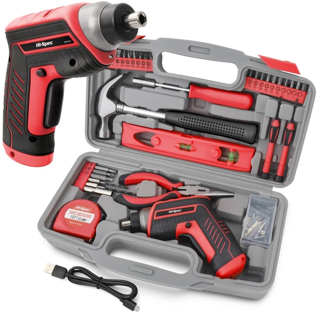 Main image of 3.6V USB Electric Screwdriver for Home Repairs and Assembly, Red 35pc, fast assembly help, common screw bit selection, LED visibility, compact grip, quick household fixes, organized storage