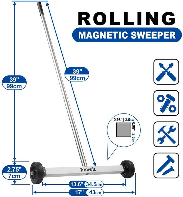 Alt view image 2 of 7 - 17" Rolling Magnetic Sweeper with Telescopic Magnetic Pick Up Tool 8.8lbs Sweeper, 16 lbs Telescopic Magnetic Pick Up Tools, Lightweight with Wheels, For Nails, Screws & Metal Debris