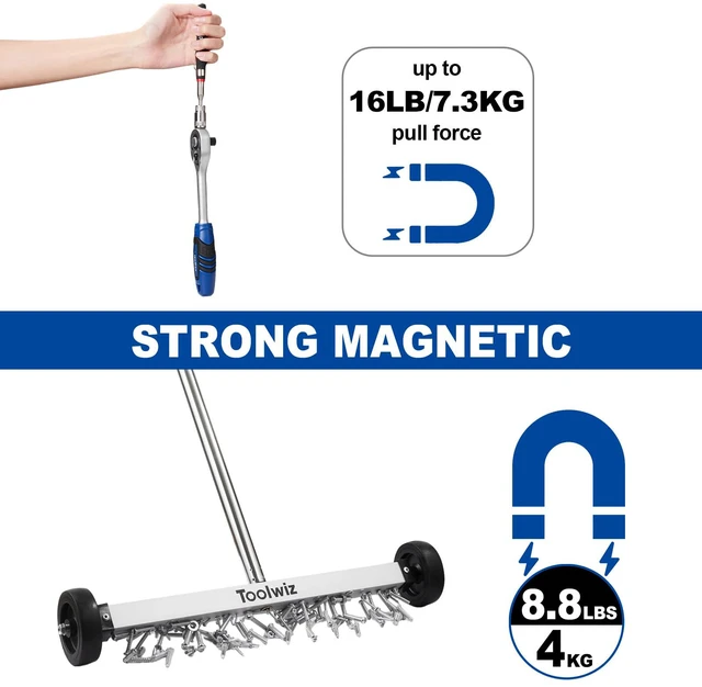 Alt view image 4 of 7 - 17" Rolling Magnetic Sweeper with Telescopic Magnetic Pick Up Tool 8.8lbs Sweeper, 16 lbs Telescopic Magnetic Pick Up Tools, Lightweight with Wheels, For Nails, Screws & Metal Debris