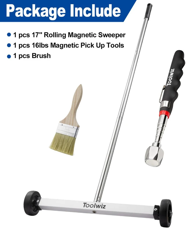 Alt view image 7 of 7 - 17" Rolling Magnetic Sweeper with Telescopic Magnetic Pick Up Tool 8.8lbs Sweeper, 16 lbs Telescopic Magnetic Pick Up Tools, Lightweight with Wheels, For Nails, Screws & Metal Debris