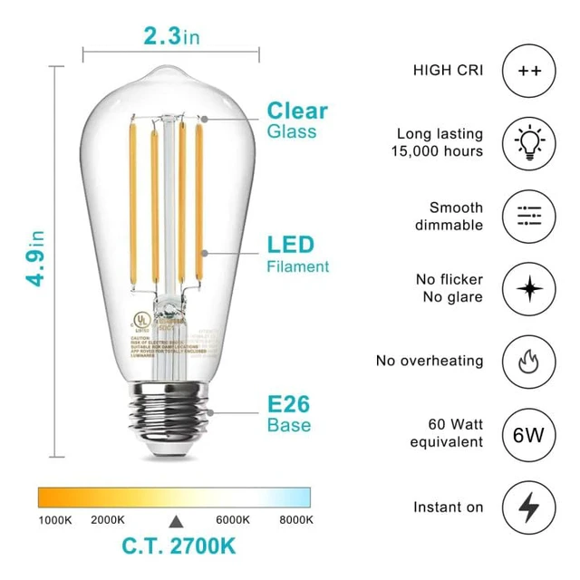 Alt view image 2 of 7 - 12 Pack Edison LED Light Bulbs, E26 Base, 8W 2700K, Dimmable Vintage ST58 Filament Design, 60W Equivalent, 800 Lumens, CRI 80+, Antique Glass Style for Home, Bedroom & Farmhouse