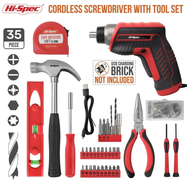 Alt view image 2 of 7 - 3.6V USB Electric Screwdriver for Home Repairs and Assembly, Red 35pc, fast assembly help, common screw bit selection, LED visibility, compact grip, quick household fixes, organized storage