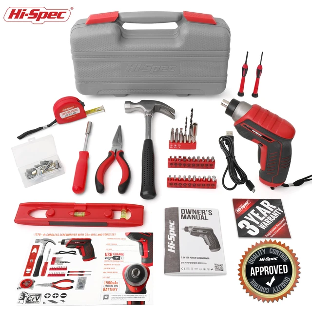 Alt view image 7 of 7 - 3.6V USB Electric Screwdriver for Home Repairs and Assembly, Red 35pc, fast assembly help, common screw bit selection, LED visibility, compact grip, quick household fixes, organized storage