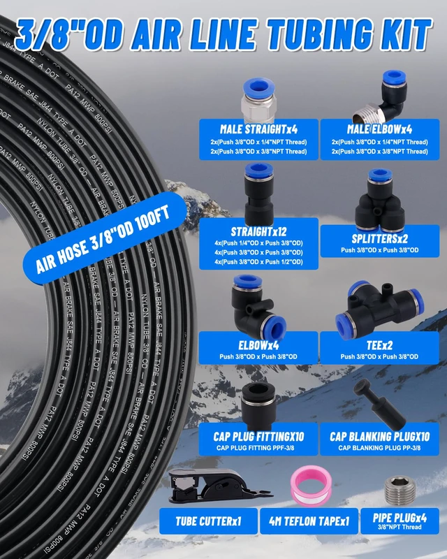 Alt view image 2 of 7 - 3/8" Air Line Tubing Kit, 100FT SAE J844 PA Nylon Air Hose Tubing with Cutter and Teflon Tape, 3/8" Air Hose with Push to Connect Fittings for Air Brake System Or Fluid Transfer(55PCS)