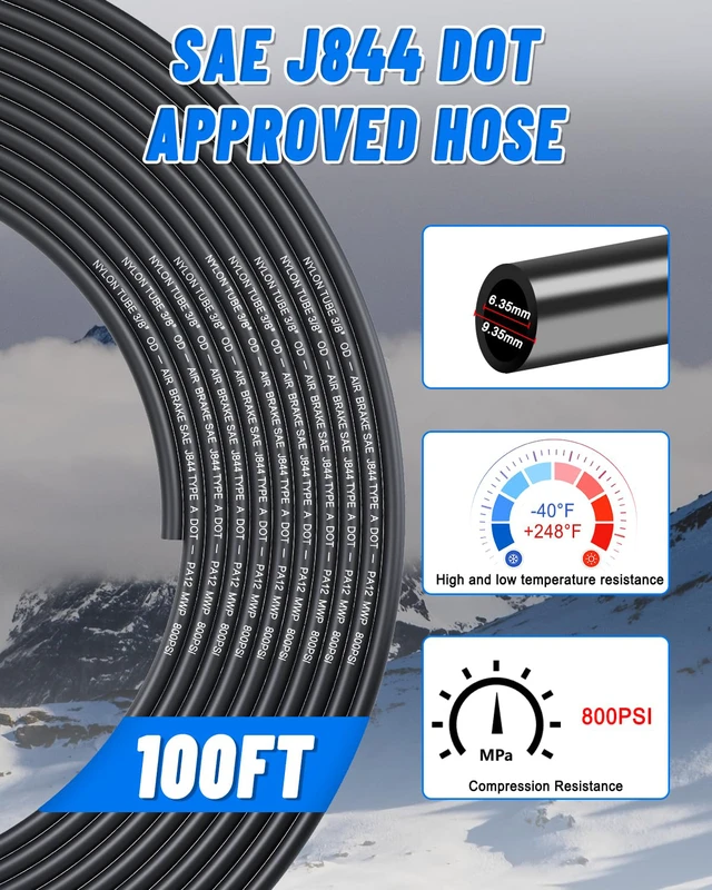Alt view image 4 of 7 - 3/8" Air Line Tubing Kit, 100FT SAE J844 PA Nylon Air Hose Tubing with Cutter and Teflon Tape, 3/8" Air Hose with Push to Connect Fittings for Air Brake System Or Fluid Transfer(55PCS)