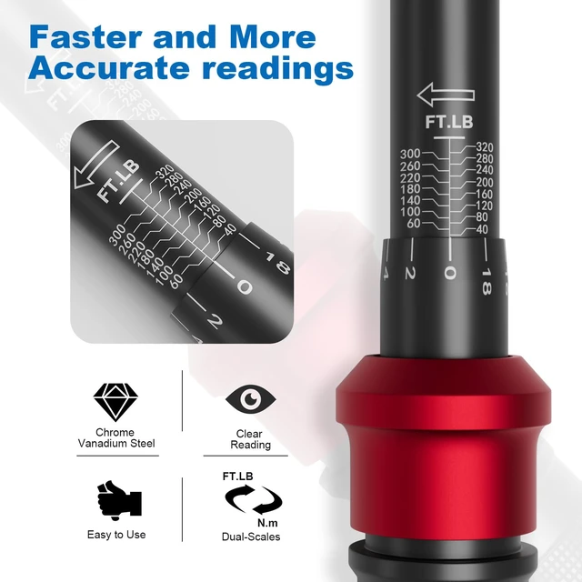 Alt view image 3 of 7 - Torque Wrench 1/2-Inch Drive, 40-320Ft.Lb, for Motorcycle & Auto 4.2-433.6Nm, 72-T Dual-Direction, ±3% Accuracy, Click Alert, for Car Lug Nuts, Engine, Suspension, Moto & Machinery Bolt