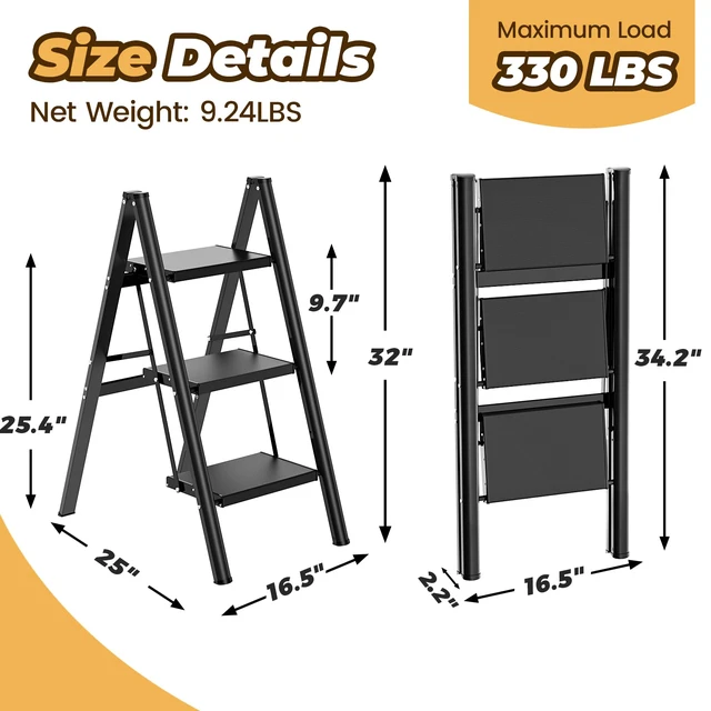 Alt view image 5 of 7 - 3 Step Ladder, Lightweight Aluminum Folding Step Stool Anti-Slip Wide Pedal, 330lbs Capacity Step Ladder for Household Kitchen Office, Black