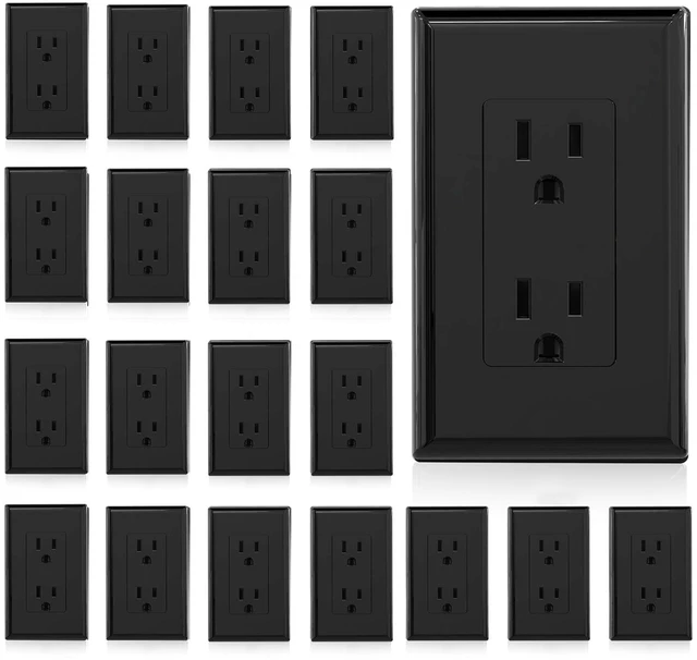 Main image of Decorator Receptacle, 15A 125V Standard Electrical Wall Outlet, Non-TR, 2 Pole 3 Wire, Self-Grounding Residential Grade, Screwless Wall Plate Included, UL Listed (20 Pack, Glossy Black)