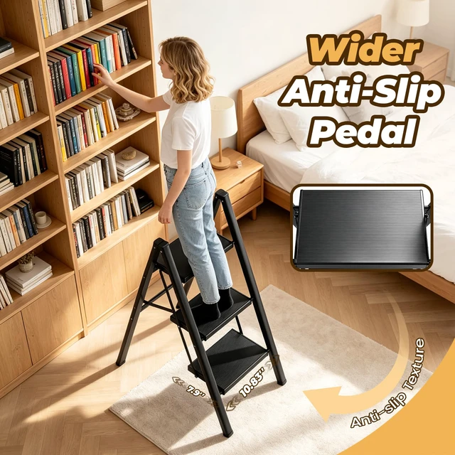 Alt view image 2 of 7 - 3 Step Ladder, Lightweight Aluminum Folding Step Stool Anti-Slip Wide Pedal, 330lbs Capacity Step Ladder for Household Kitchen Office, Black
