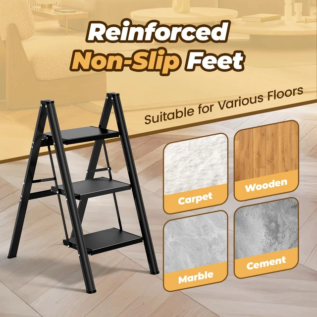 Alt view image 4 of 7 - 3 Step Ladder, Lightweight Aluminum Folding Step Stool Anti-Slip Wide Pedal, 330lbs Capacity Step Ladder for Household Kitchen Office, Black