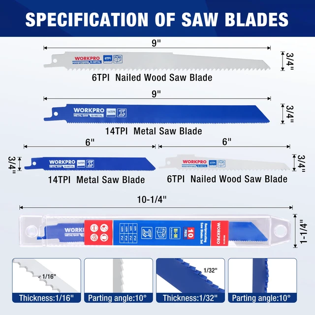 Alt view image 2 of 7 - 10-Piece Reciprocating Saw Blade Set, 6" & 9", 6TPI & 14TPI Durable BIM Saw Blades for Cutting Metal, Wood & Nail-Embedded Wood