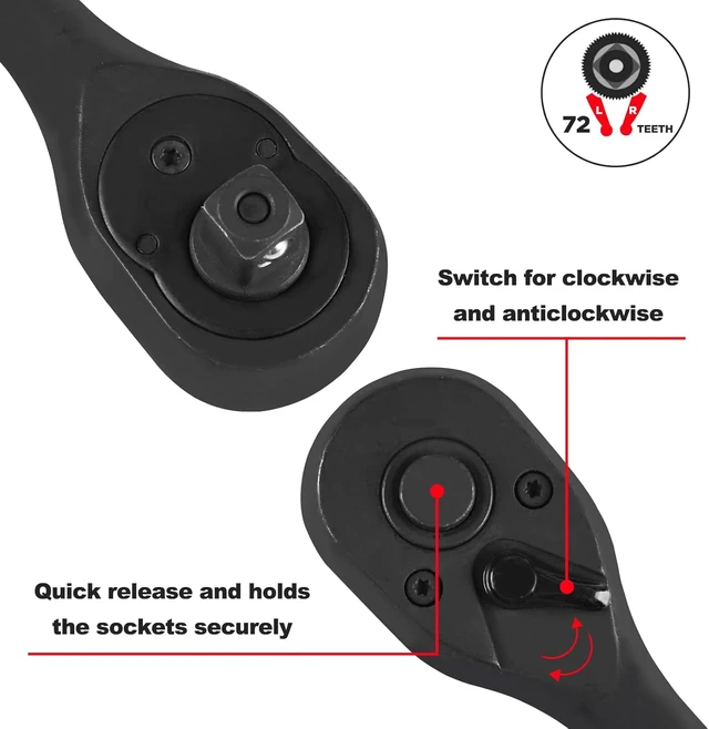 Alt view image 4 of 6 - 1/4" Ratchet Wrench Socket Set 65 Piece, Metric Shallow Socket (4-15mm) and Deep (4-15mm), with 72-Teeth Ratchet, Screwdriver Bit Set, Small Tool Kit for Home Use and Automotive Repair