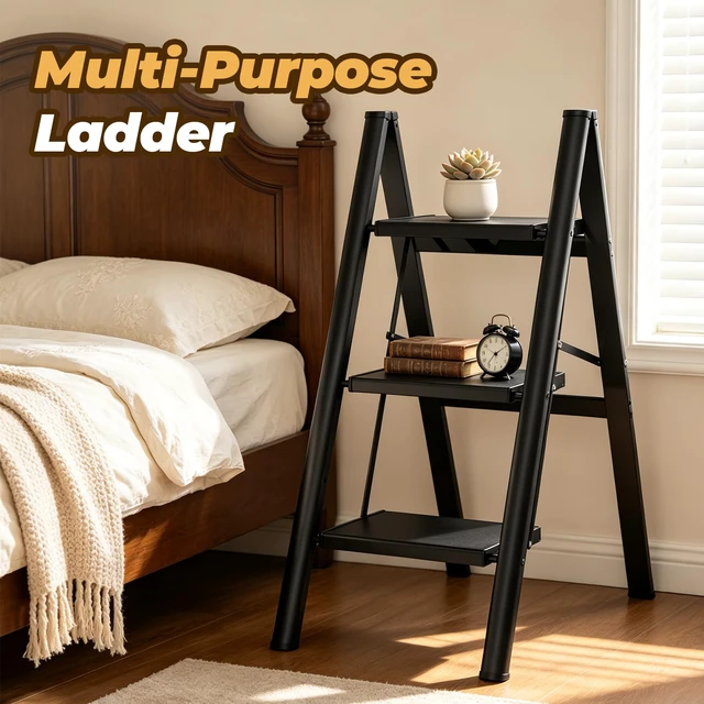 Alt view image 6 of 7 - 3 Step Ladder, Lightweight Aluminum Folding Step Stool Anti-Slip Wide Pedal, 330lbs Capacity Step Ladder for Household Kitchen Office, Black