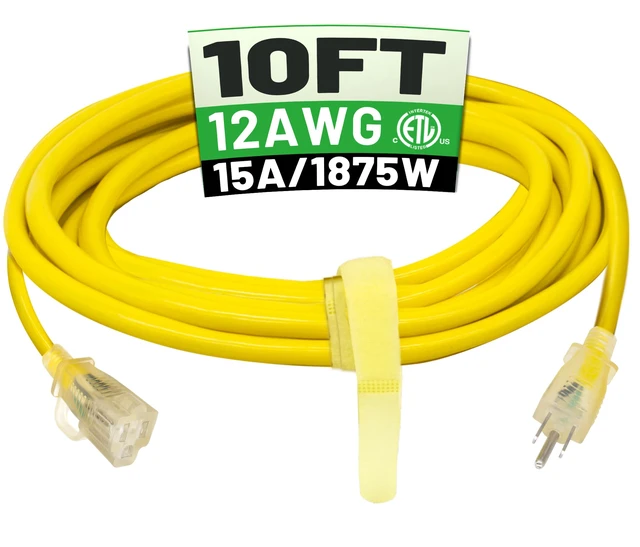 Main image of 10 FT 12/3 Outdoor Extension Cord Waterproof, Heavy Duty Power Cord 10FT Heavy Duty Flexible Cold-Resistant Long Power Cord Outside, 15Amp 1875W SJTW Yellow ETL Listed
