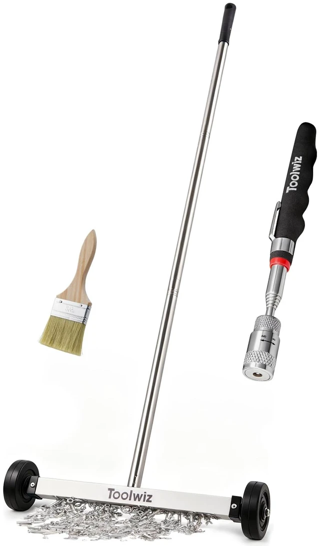 Main image of 15" Rolling Magnetic Sweeper with LED Telescopic Pick Up Tool 10lbs Capacity, 8 lbs Telescopic Magnetic Pick Up Tool with LED Light, Telescoping Holder, For Construction