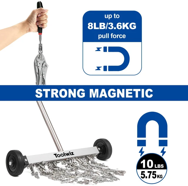 Alt view image 4 of 7 - 15" Rolling Magnetic Sweeper with LED Telescopic Pick Up Tool 10lbs Capacity, 8 lbs Telescopic Magnetic Pick Up Tool with LED Light, Telescoping Holder, For Construction