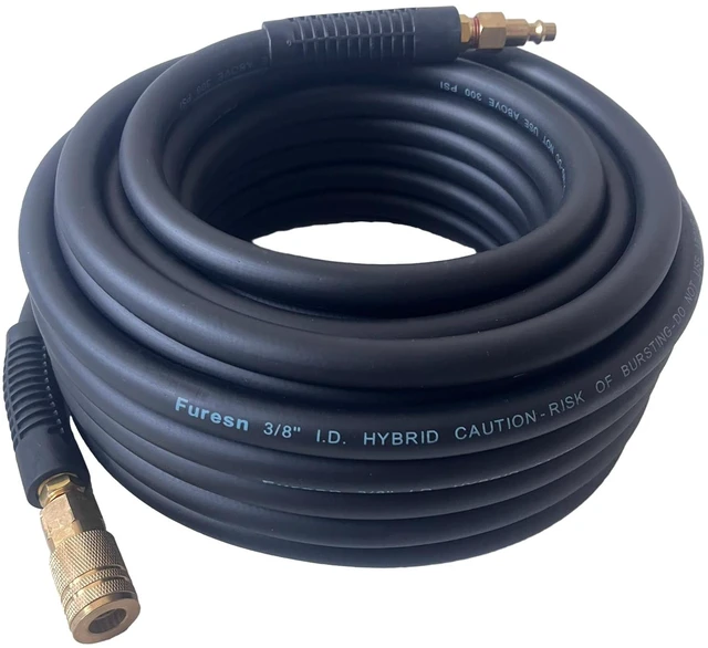 Main image of Air Hose 3/8 in x 100 ft, Heavy Duty, Lightweight, Kink Resistant, Hybrid Air Compressor Hose with 1/4 in Solid Brass Male Fittings, Bend Restrictors, 300 PSI (100FT, Black)